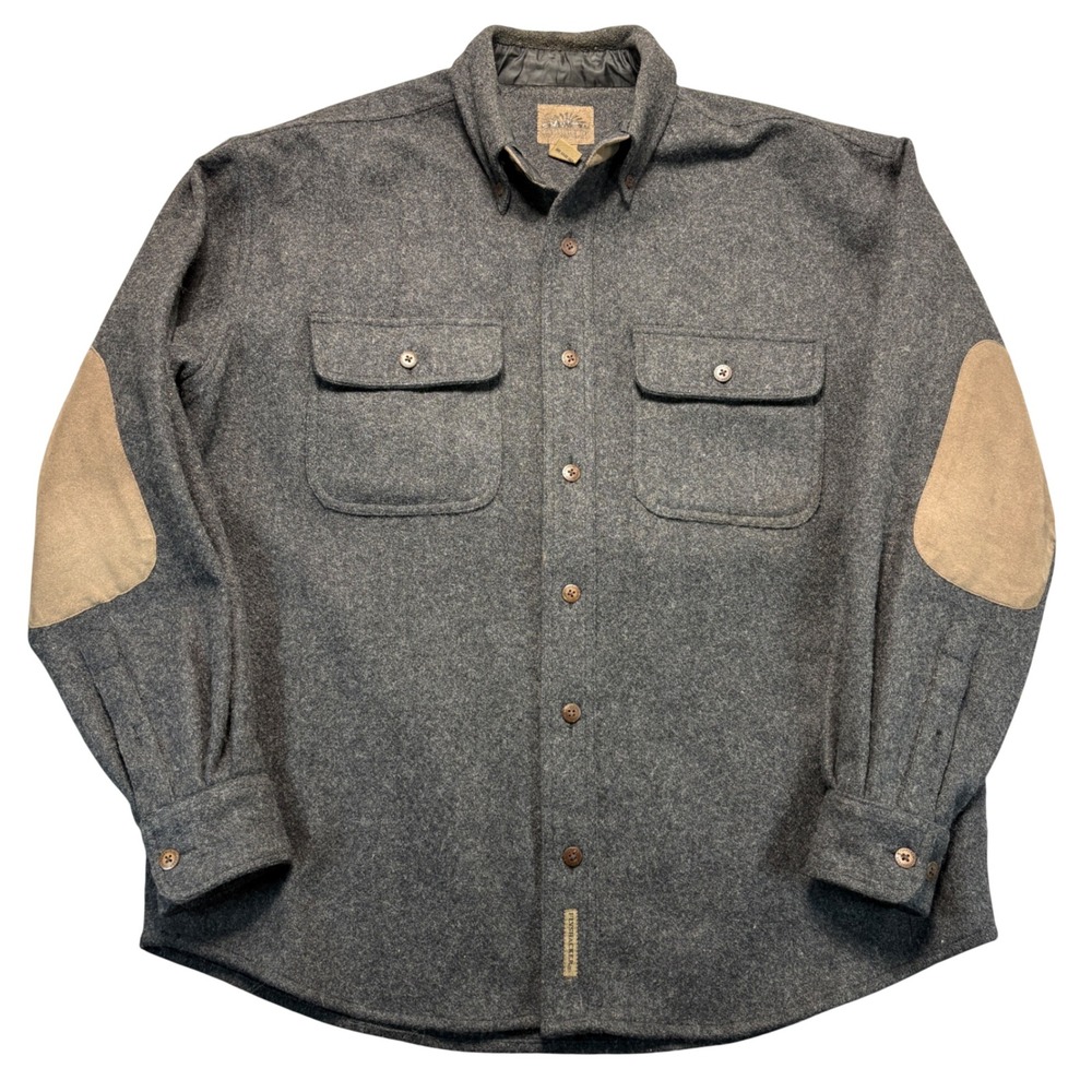 Flyshacker Mens Wool Blend Shirt Jacket Gray Elbow Patches Large Rugged Outdoor